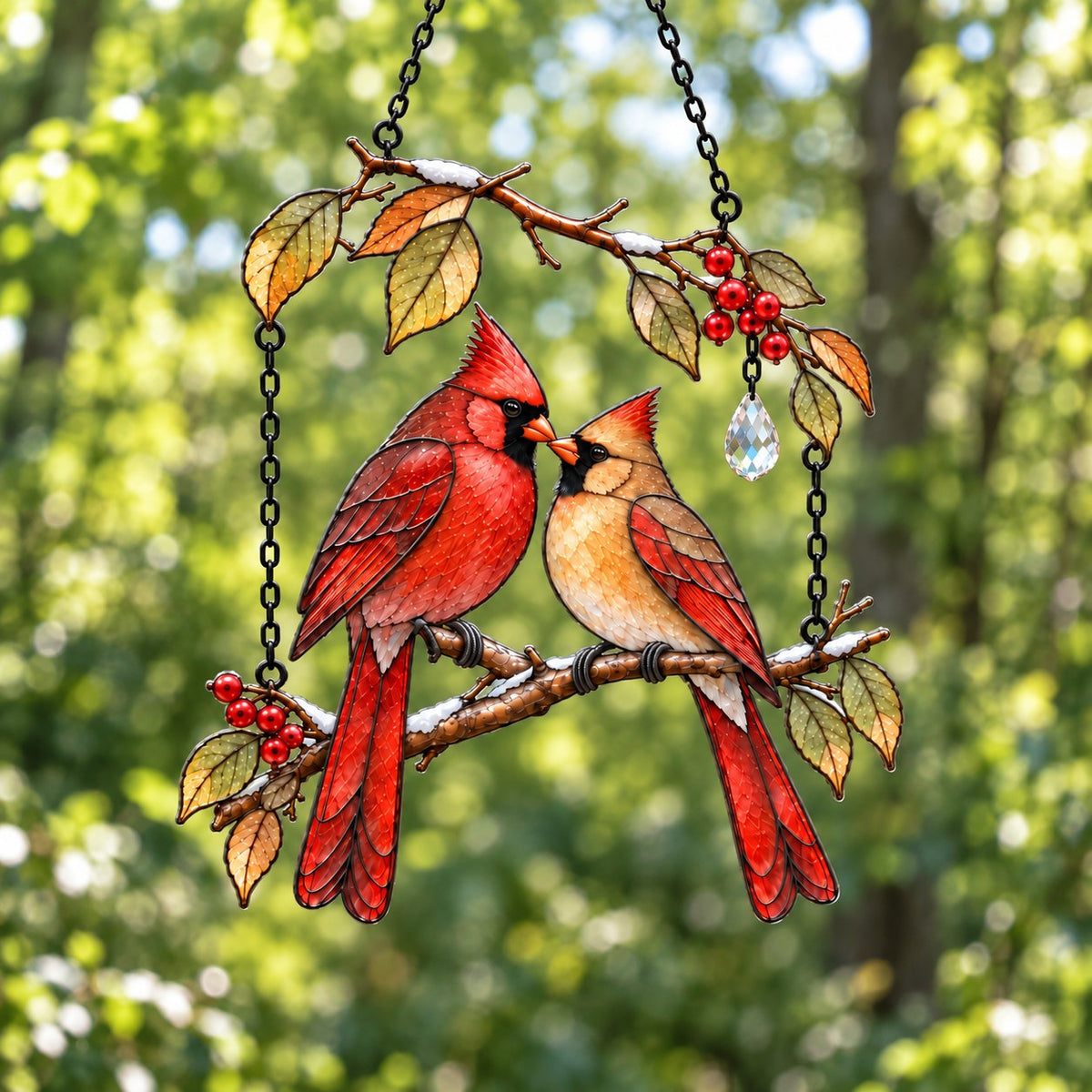 Cardinal Couple on Winter Berry Branch Holographic Acrylic Suncatcher