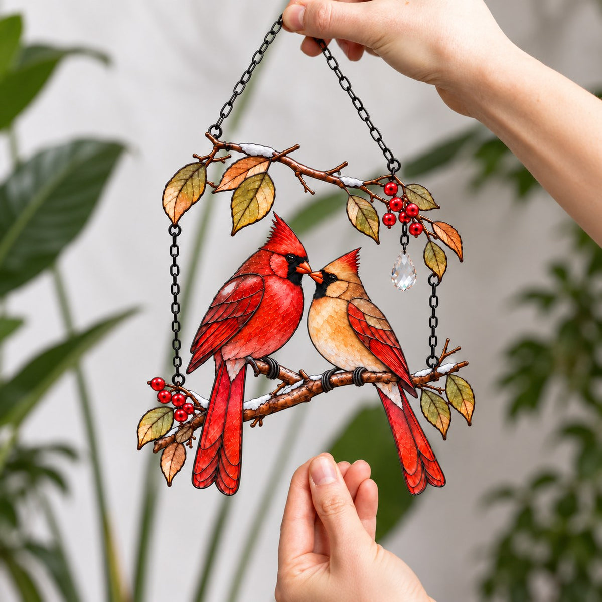 Cardinal Couple on Winter Berry Branch Holographic Acrylic Suncatcher