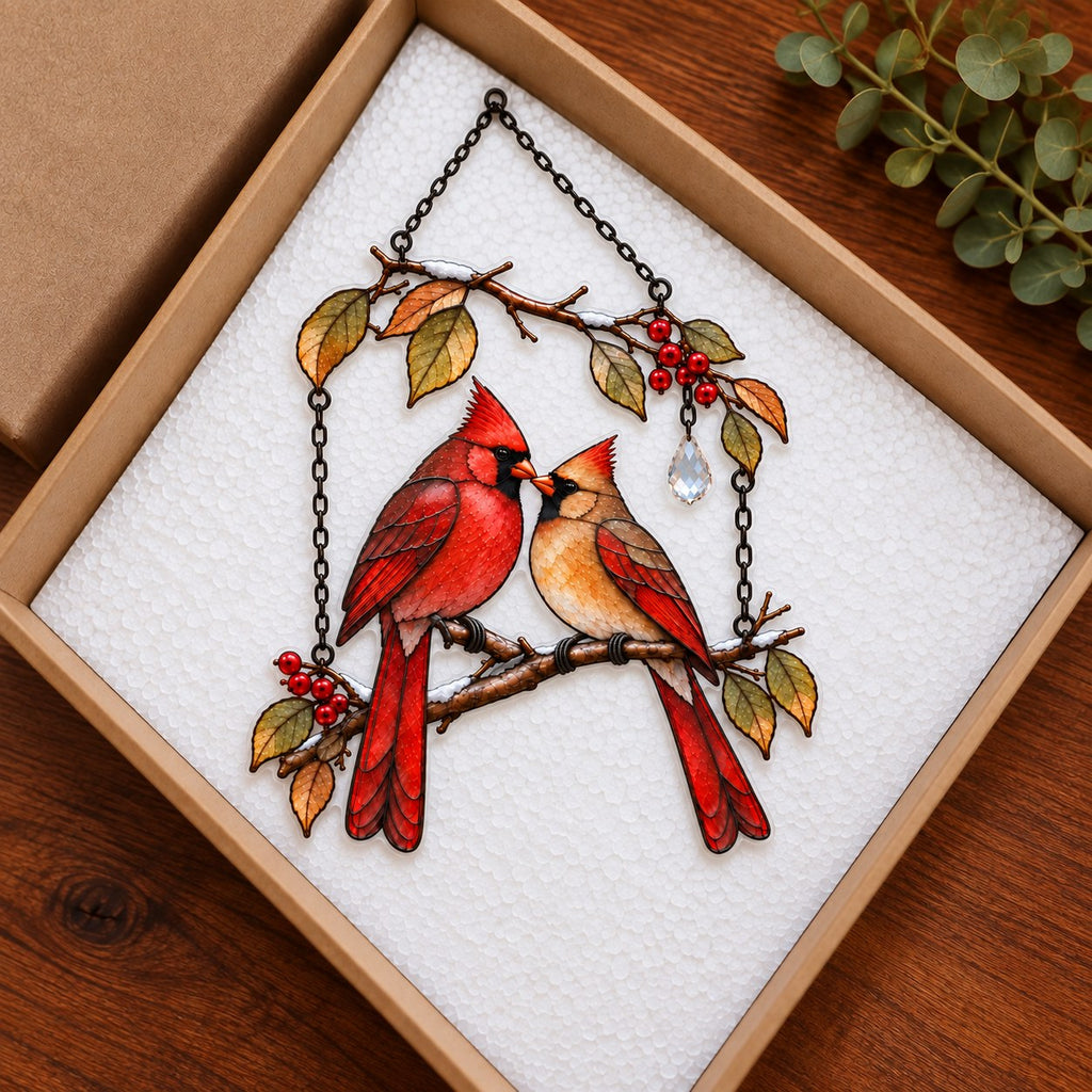 Cardinal Couple on Winter Berry Branch Holographic Acrylic Suncatcher