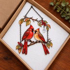 Cardinal Couple on Winter Berry Branch Holographic Acrylic Suncatcher