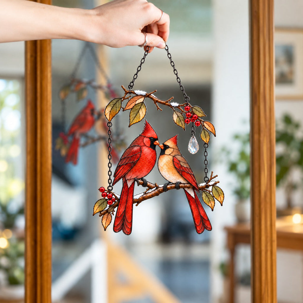 Cardinal Couple on Winter Berry Branch Holographic Acrylic Suncatcher