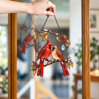 Cardinal Couple on Winter Berry Branch Holographic Acrylic Suncatcher