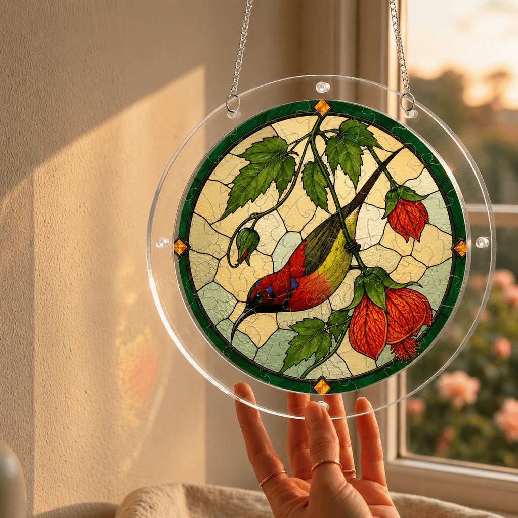 Hand holding a cardinal orange lantern flower acrylic puzzle suncatcher by a sunny window
