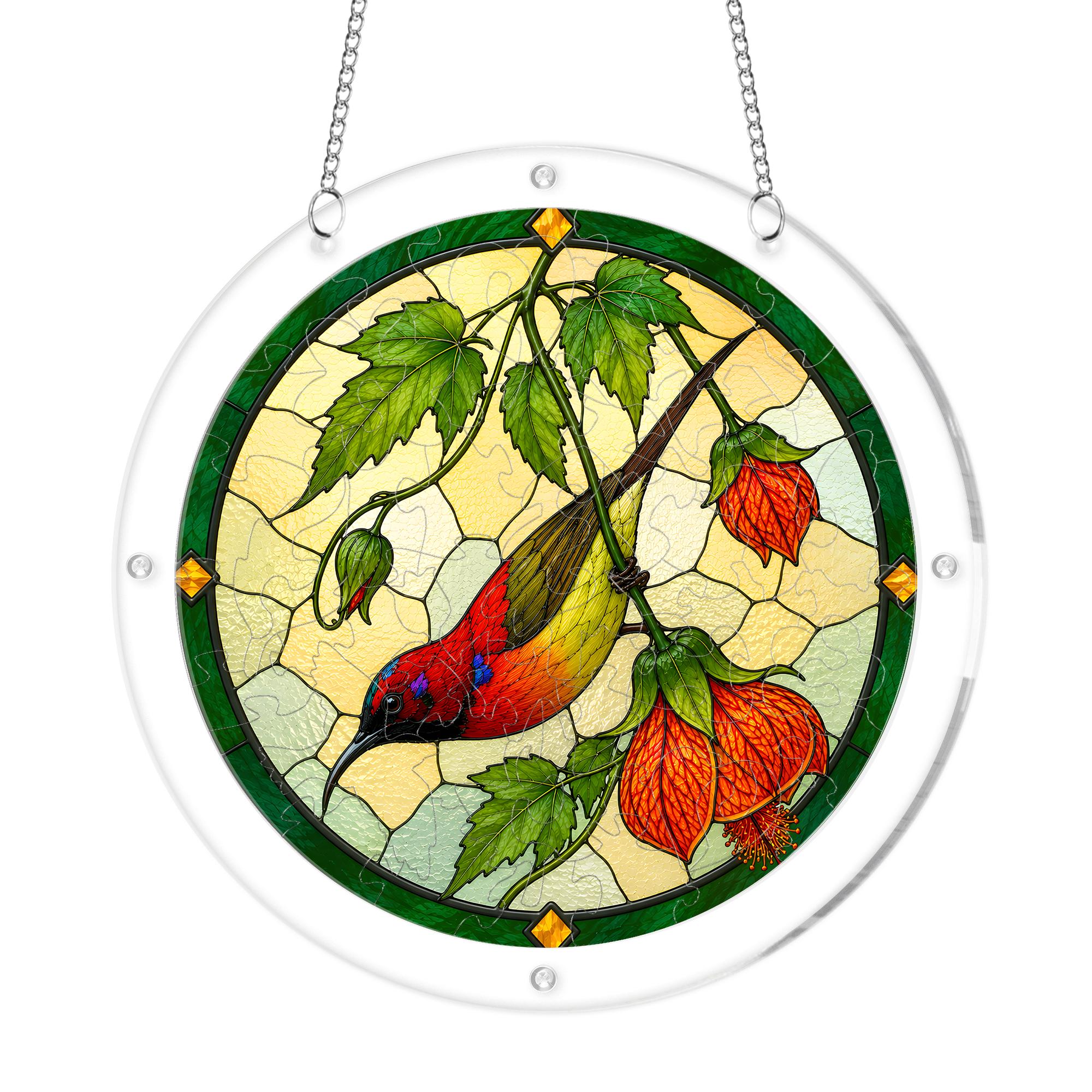 Round cardinal orange lantern flower acrylic puzzle suncatcher on white background with clear acrylic frame and hanging chain
