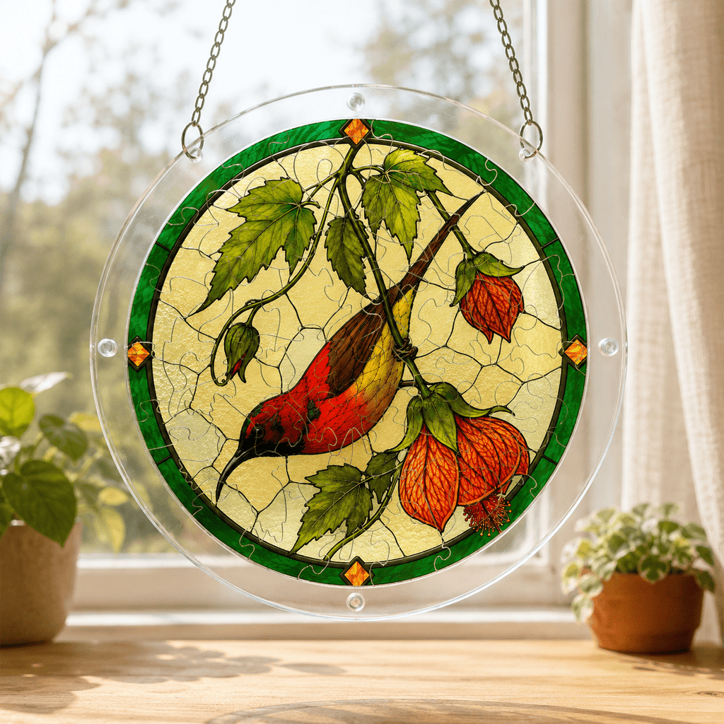 Cardinal orange lantern flower acrylic puzzle suncatcher hanging by a sunny window with clear frame and metal chain