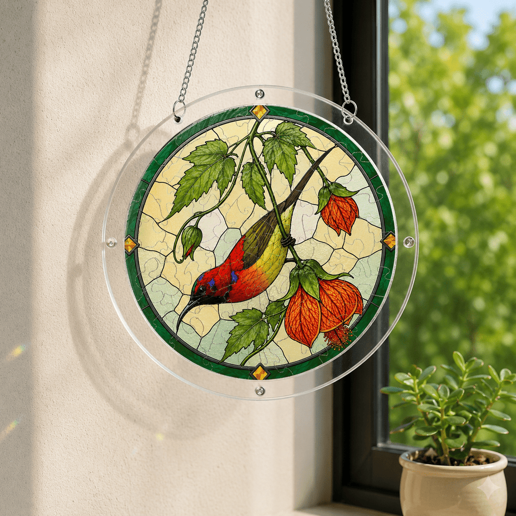 Cardinal orange lantern flower acrylic puzzle suncatcher hanging near a bright window with natural light