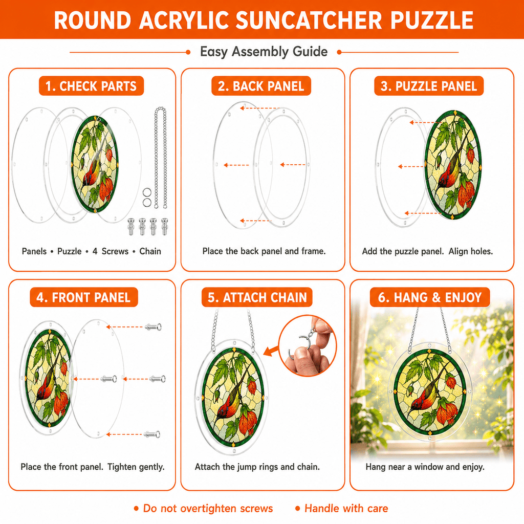 Easy assembly guide for round cardinal orange lantern flower acrylic puzzle suncatcher