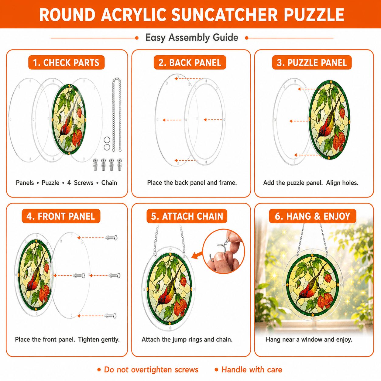 Easy assembly guide for round cardinal orange lantern flower acrylic puzzle suncatcher
