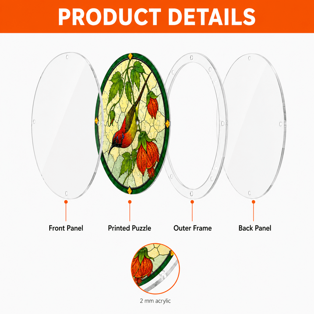 Layered acrylic design for cardinal orange lantern flower puzzle suncatcher with clear panels, printed puzzle layer, and outer frame