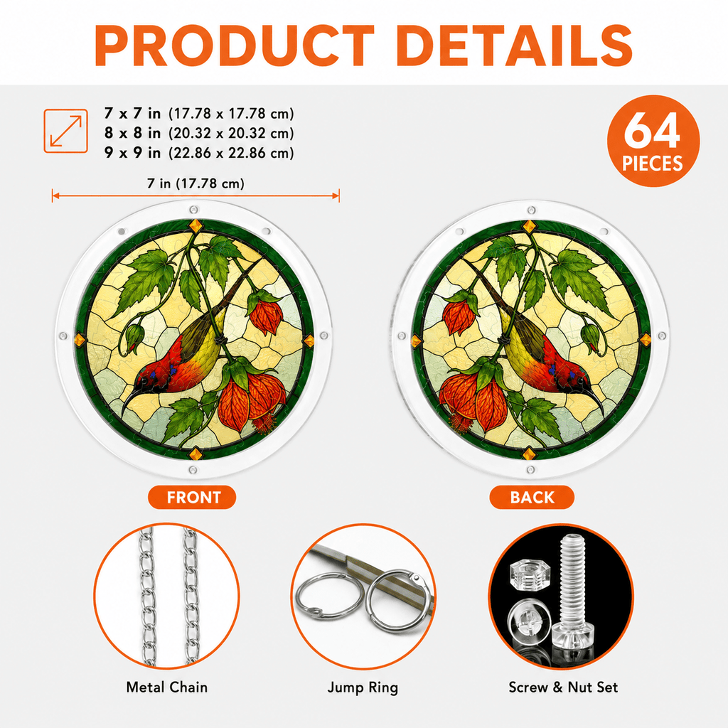 Product details for cardinal orange lantern flower acrylic puzzle suncatcher showing sizes, 64 pieces, chain, jump rings, and screw sets