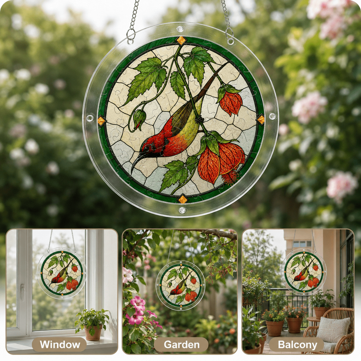 Cardinal orange lantern flower acrylic puzzle suncatcher displayed as window, garden, and balcony decor