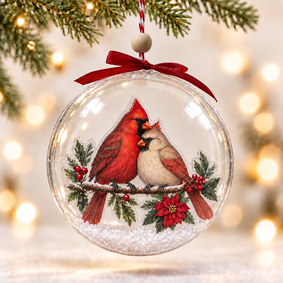Personalized Cardinal Pair Snowy Branch Clear Christmas Ornament — The Ones Who Stay