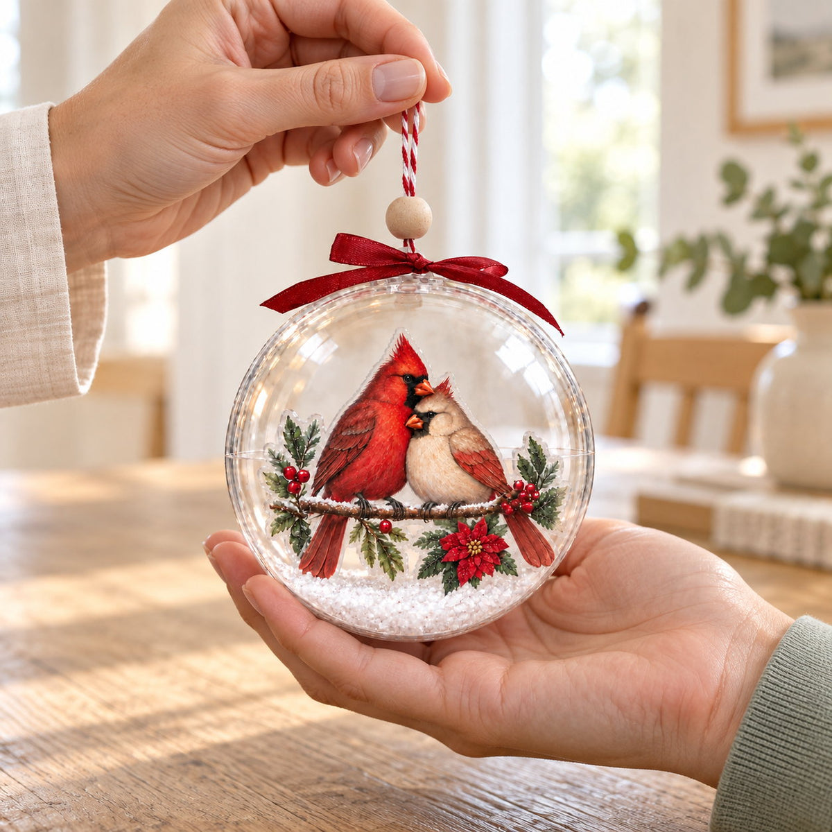Personalized Cardinal Pair Snowy Branch Clear Christmas Ornament — The Ones Who Stay