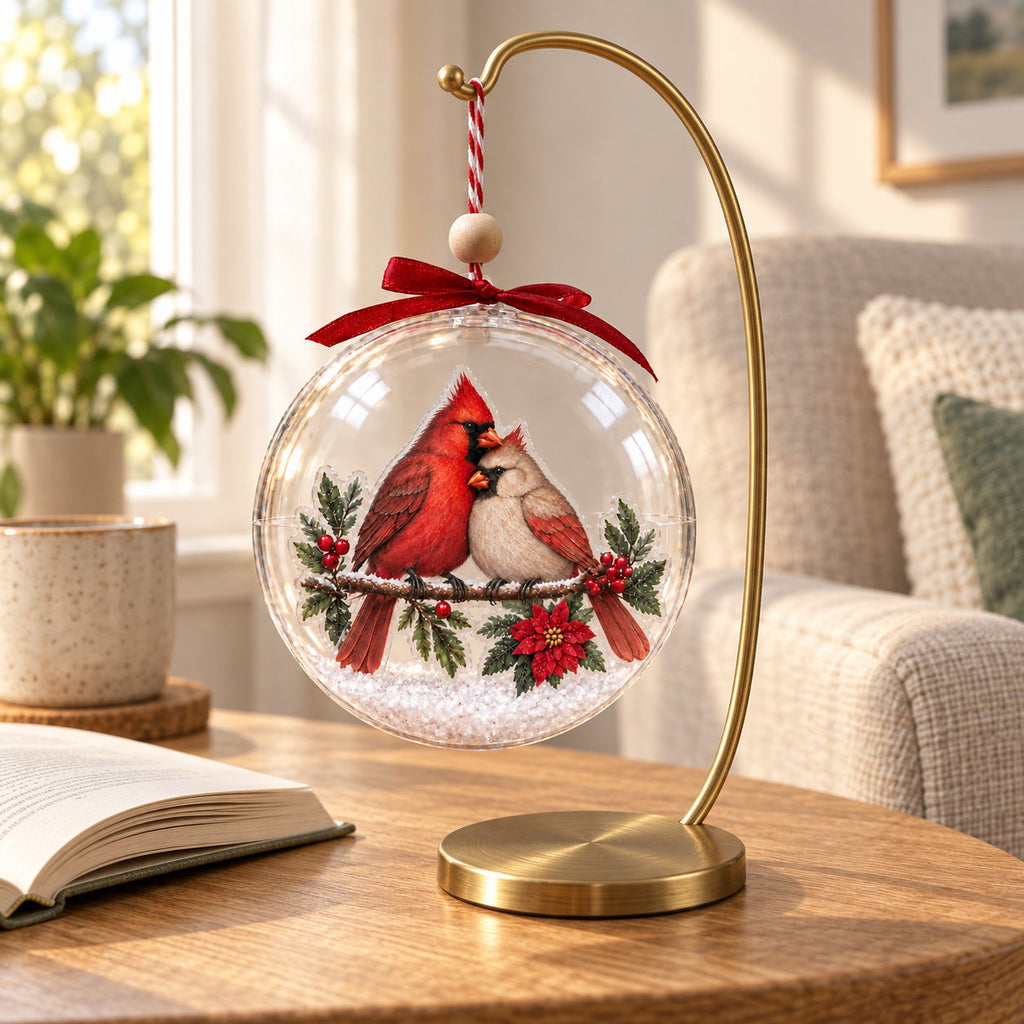 Personalized Cardinal Pair Snowy Branch Clear Christmas Ornament — The Ones Who Stay