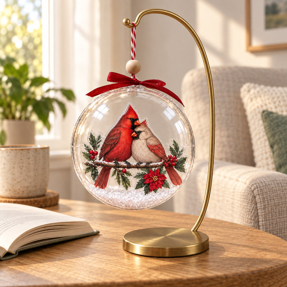 Personalized Cardinal Pair Snowy Branch Clear Christmas Ornament — The Ones Who Stay