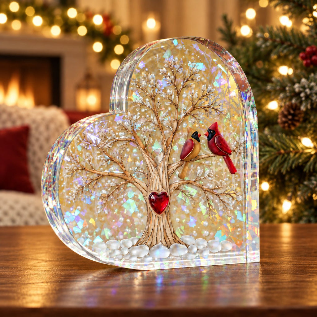 Cardinal Pair Heart Tree Holographic Acrylic Heart Plaque