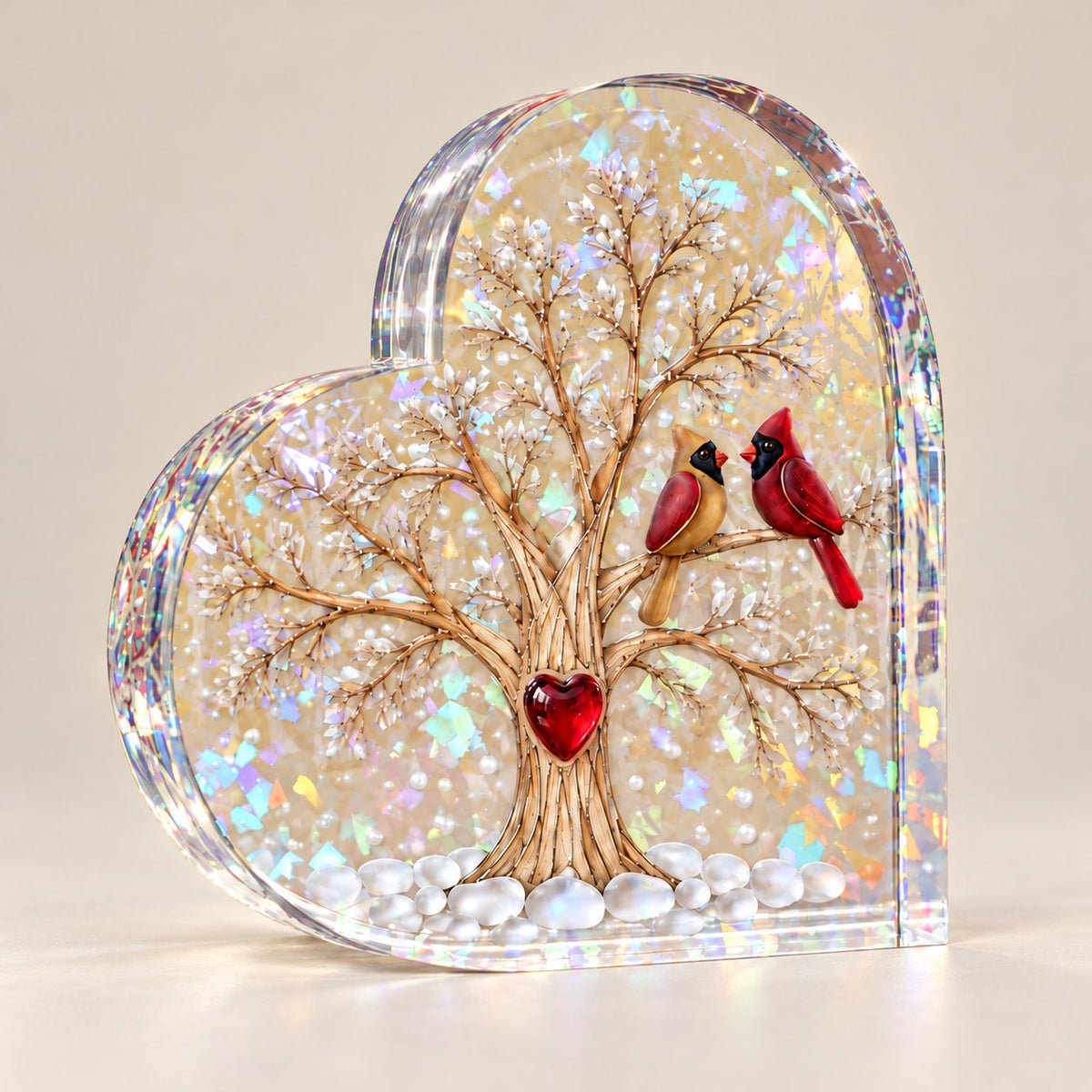 Cardinal Pair Heart Tree Holographic Acrylic Heart Plaque