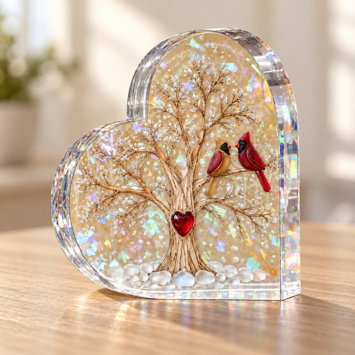 Cardinal Pair Heart Tree Holographic Acrylic Heart Plaque