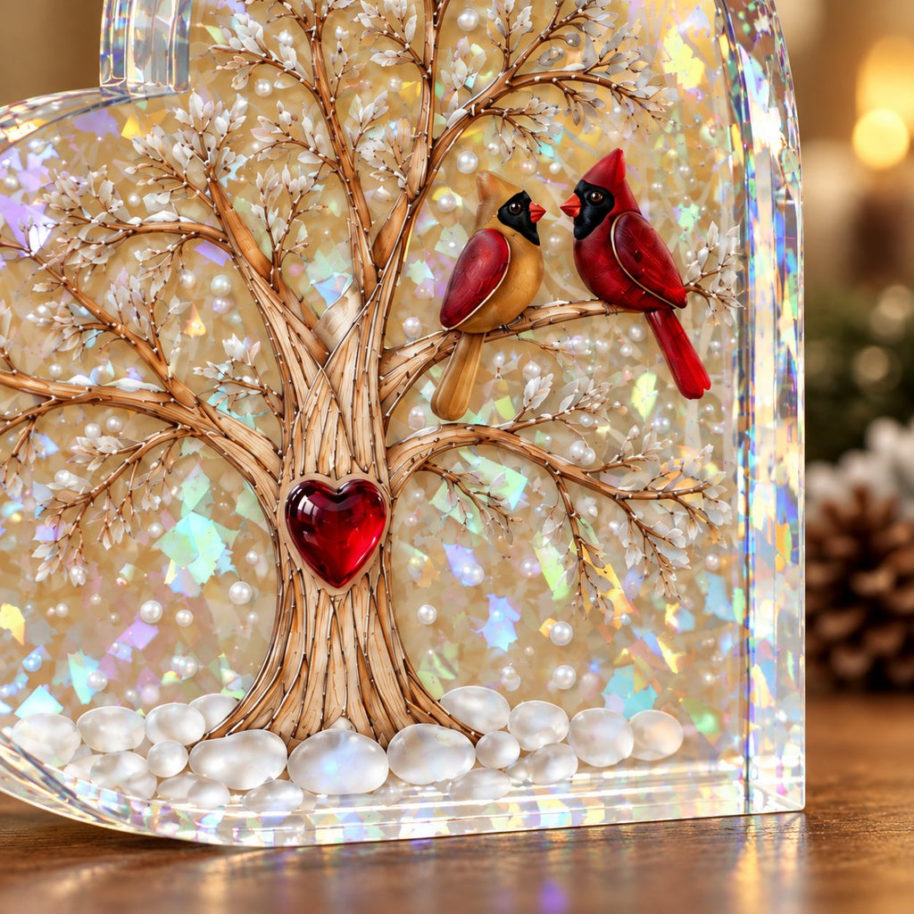 Cardinal Pair Heart Tree Holographic Acrylic Heart Plaque