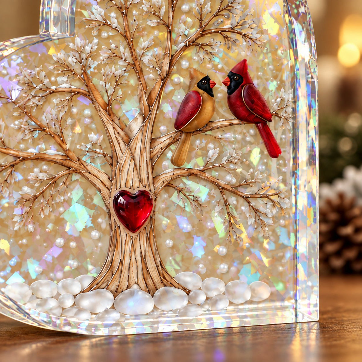 Cardinal Pair Heart Tree Holographic Acrylic Heart Plaque
