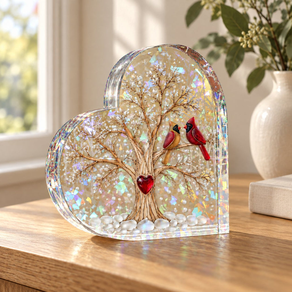 Cardinal Pair Heart Tree Holographic Acrylic Heart Plaque