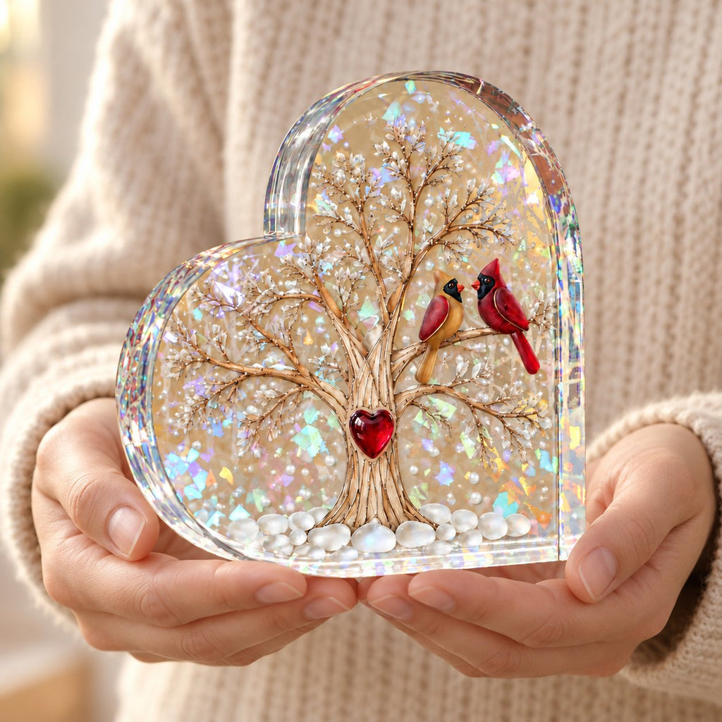 Cardinal Pair Heart Tree Holographic Acrylic Heart Plaque