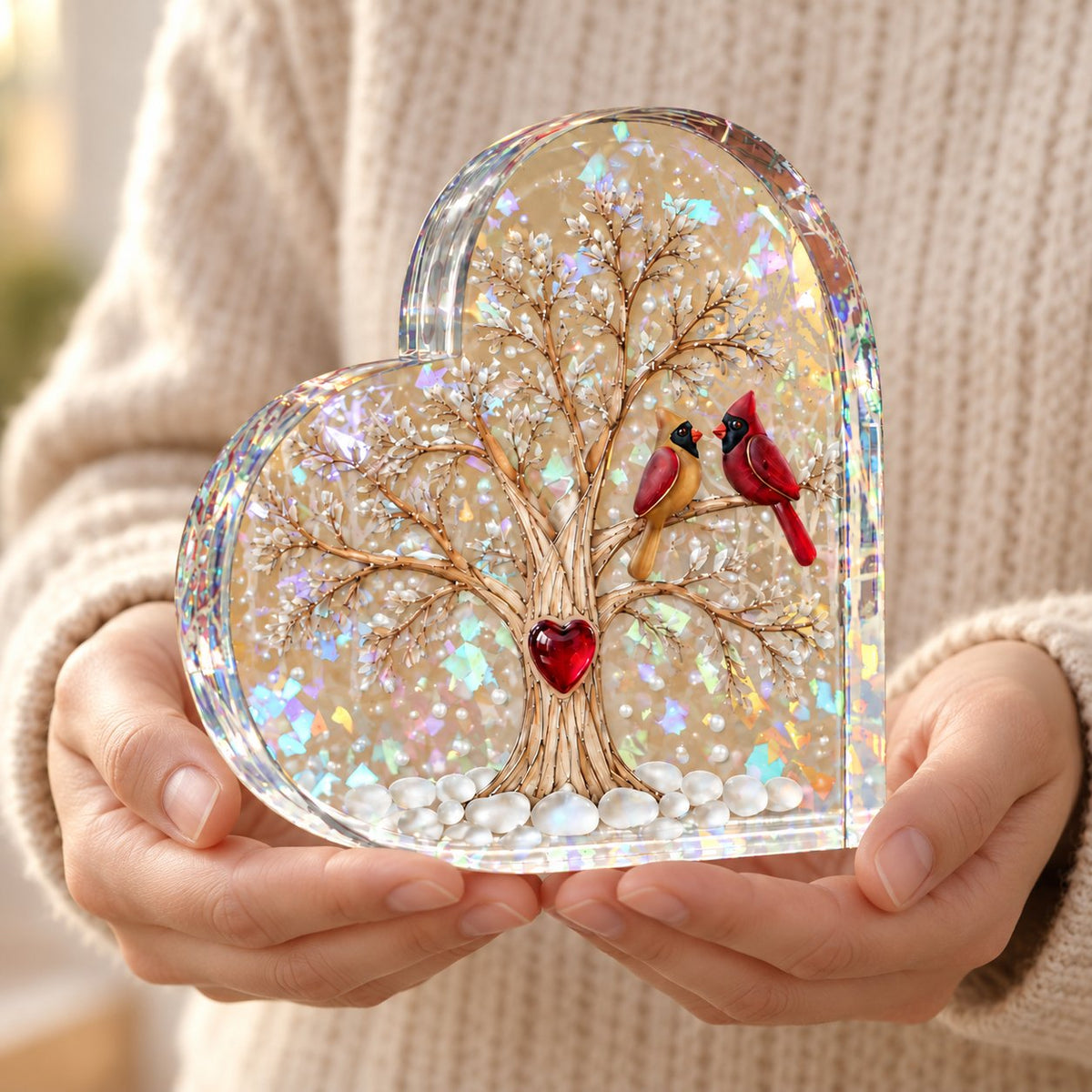 Cardinal Pair Heart Tree Holographic Acrylic Heart Plaque