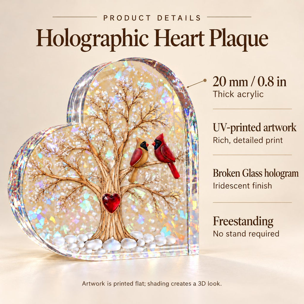 Cardinal Pair Heart Tree Holographic Acrylic Heart Plaque