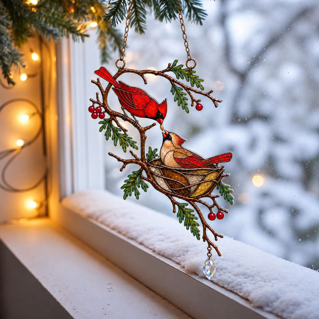 Cardinal Pair & Nest on Winter Branch Holographic Acrylic Suncatcher