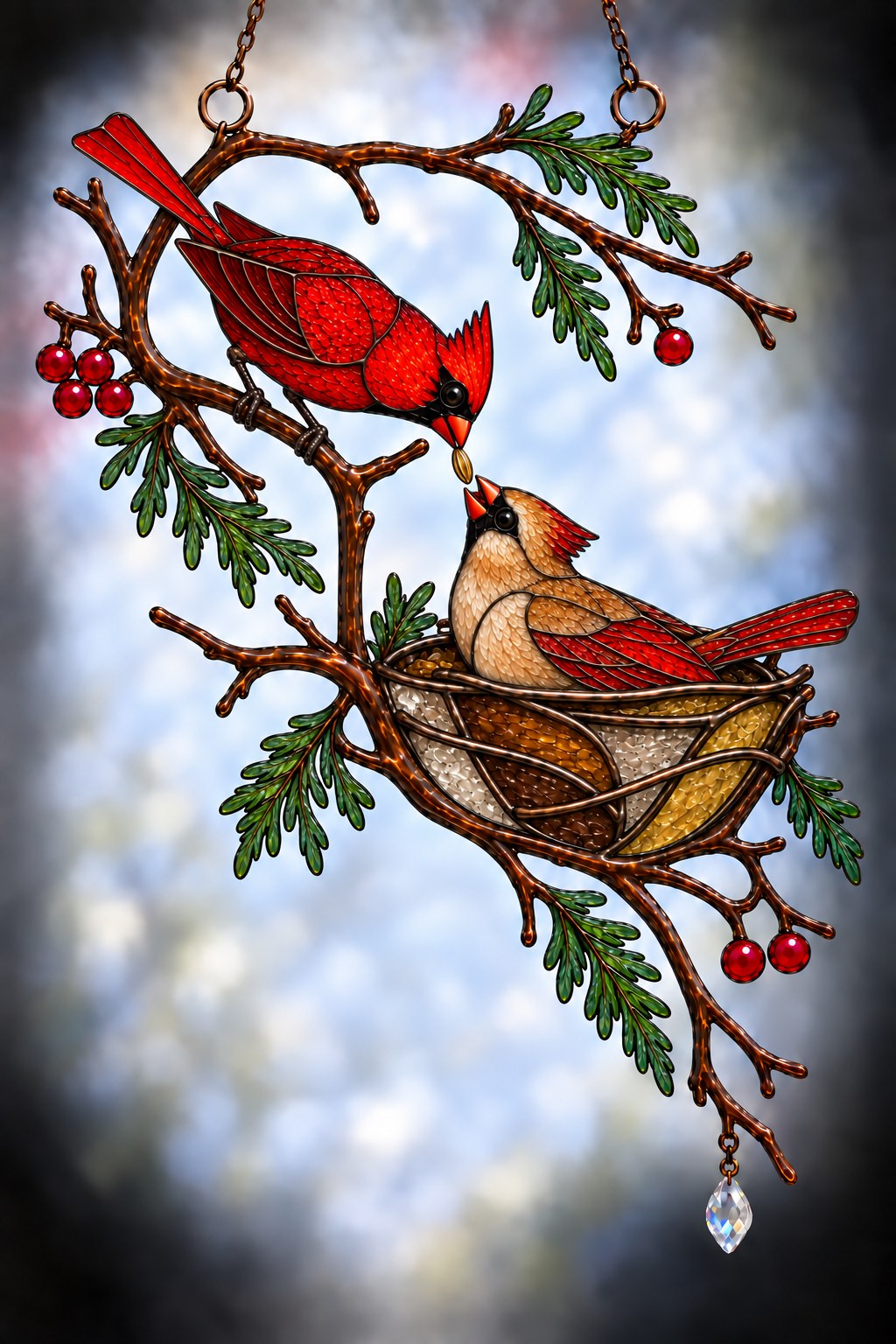 Cardinal Pair & Nest on Winter Branch Holographic Acrylic Suncatcher