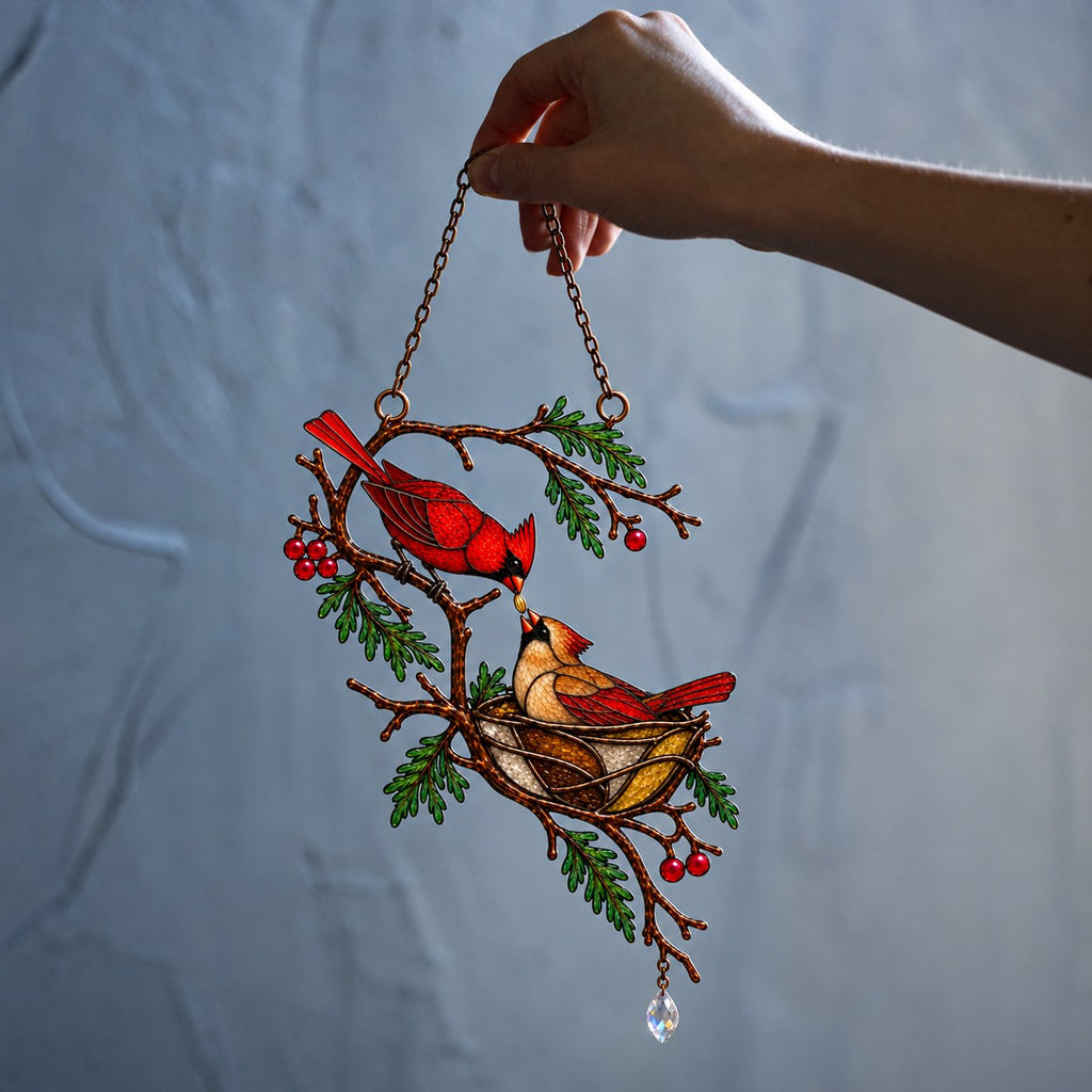 Cardinal Pair & Nest on Winter Branch Holographic Acrylic Suncatcher