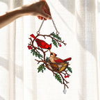 Cardinal Pair & Nest on Winter Branch Holographic Acrylic Suncatcher