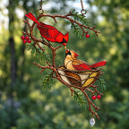 Cardinal Pair & Nest on Winter Branch Holographic Acrylic Suncatcher