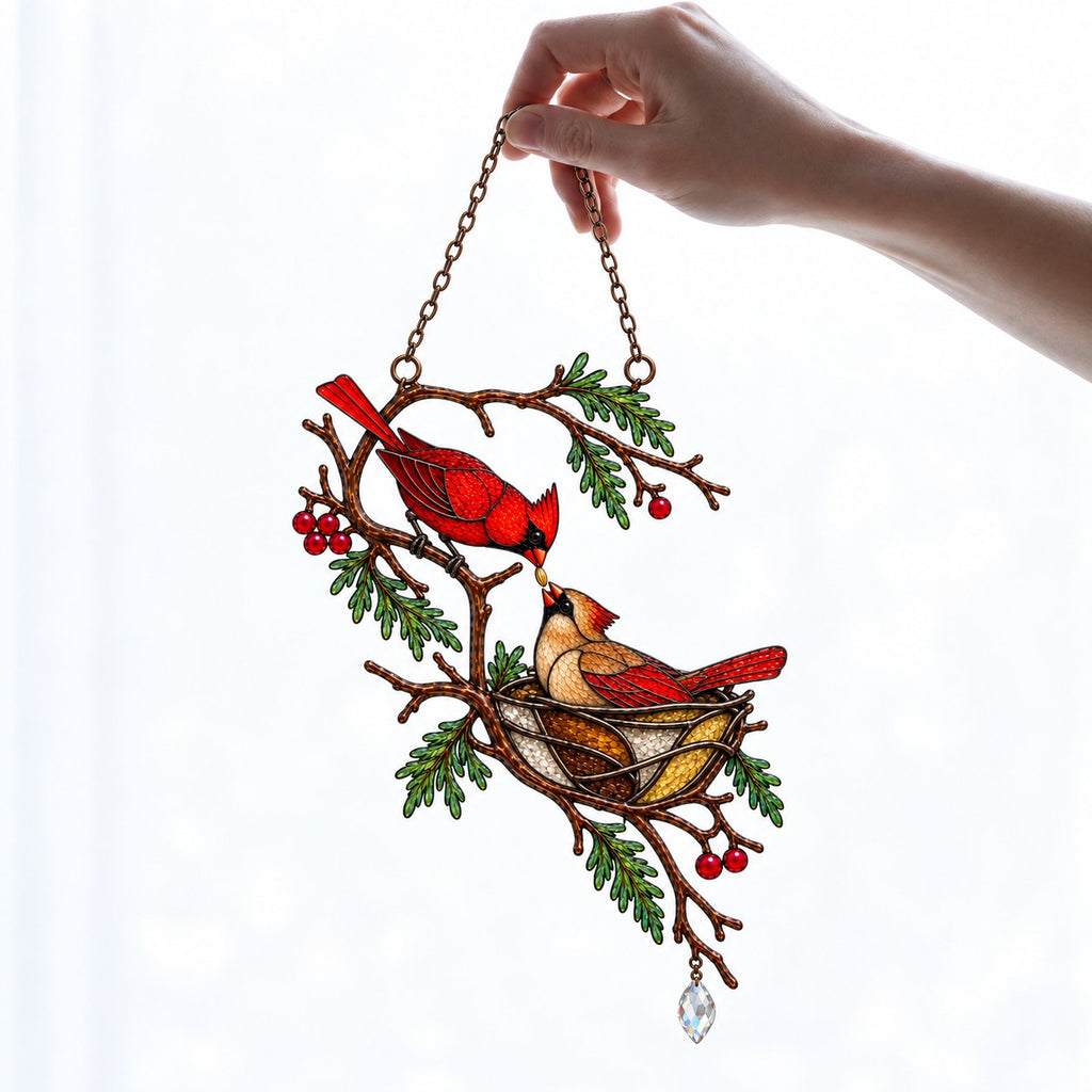 Cardinal Pair & Nest on Winter Branch Holographic Acrylic Suncatcher