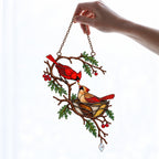 Cardinal Pair & Nest on Winter Branch Holographic Acrylic Suncatcher
