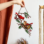 Cardinal Pair & Nest on Winter Branch Holographic Acrylic Suncatcher