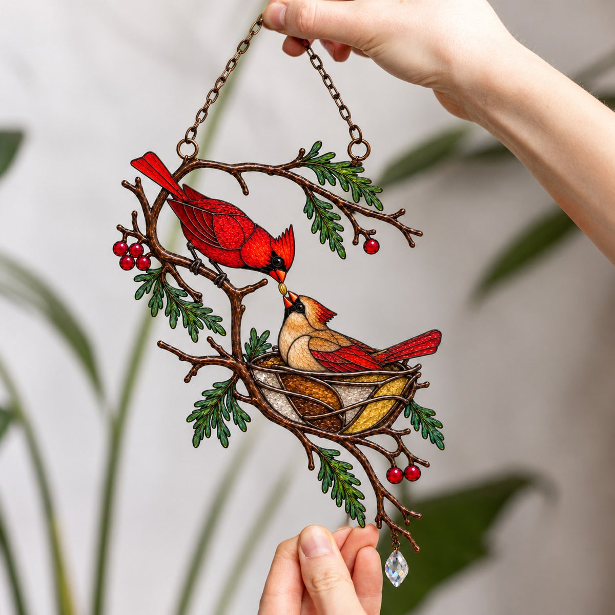 Cardinal Pair & Nest on Winter Branch Holographic Acrylic Suncatcher