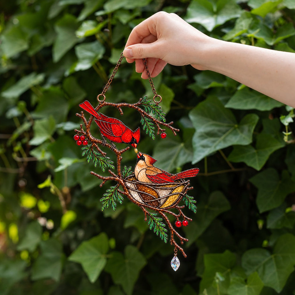 Cardinal Pair & Nest on Winter Branch Holographic Acrylic Suncatcher