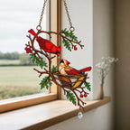 Cardinal Pair & Nest on Winter Branch Holographic Acrylic Suncatcher