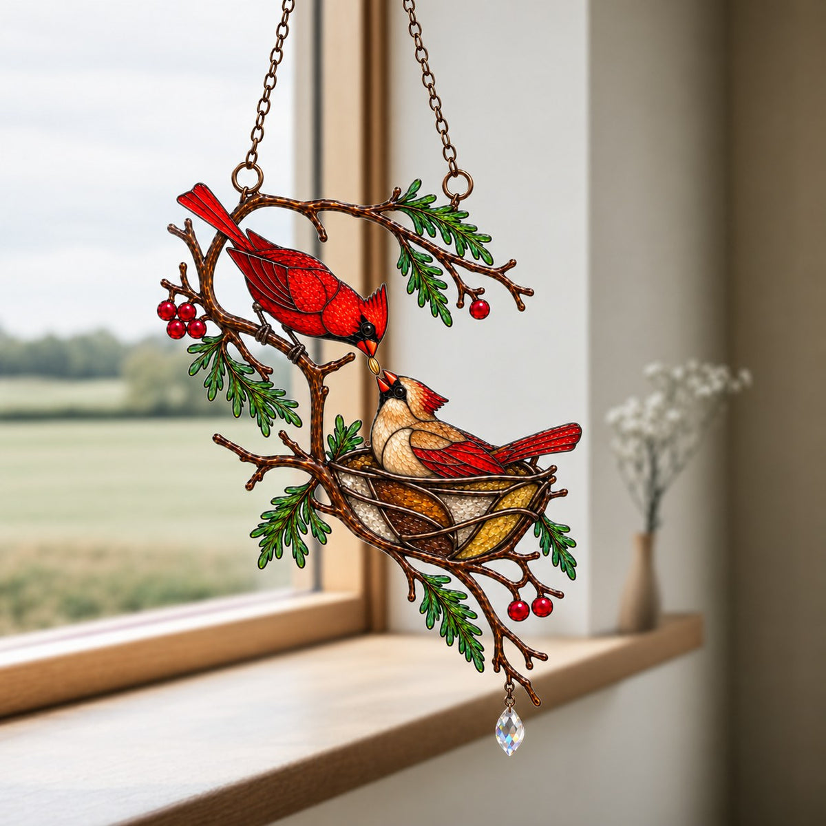 Cardinal Pair & Nest on Winter Branch Holographic Acrylic Suncatcher