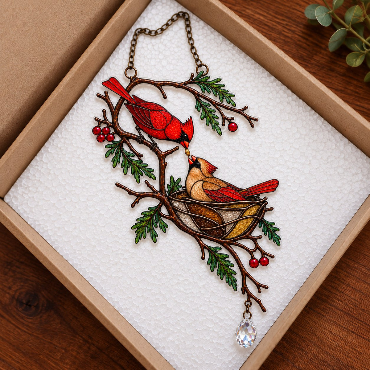 Cardinal Pair & Nest on Winter Branch Holographic Acrylic Suncatcher