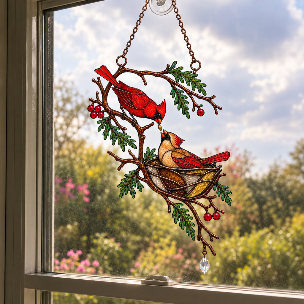 Cardinal Pair & Nest on Winter Branch Holographic Acrylic Suncatcher