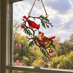 Cardinal Pair & Nest on Winter Branch Holographic Acrylic Suncatcher