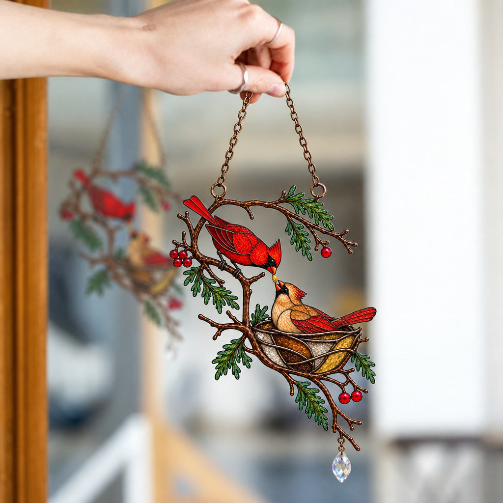 Cardinal Pair & Nest on Winter Branch Holographic Acrylic Suncatcher