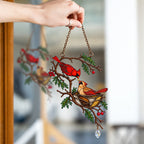 Cardinal Pair & Nest on Winter Branch Holographic Acrylic Suncatcher
