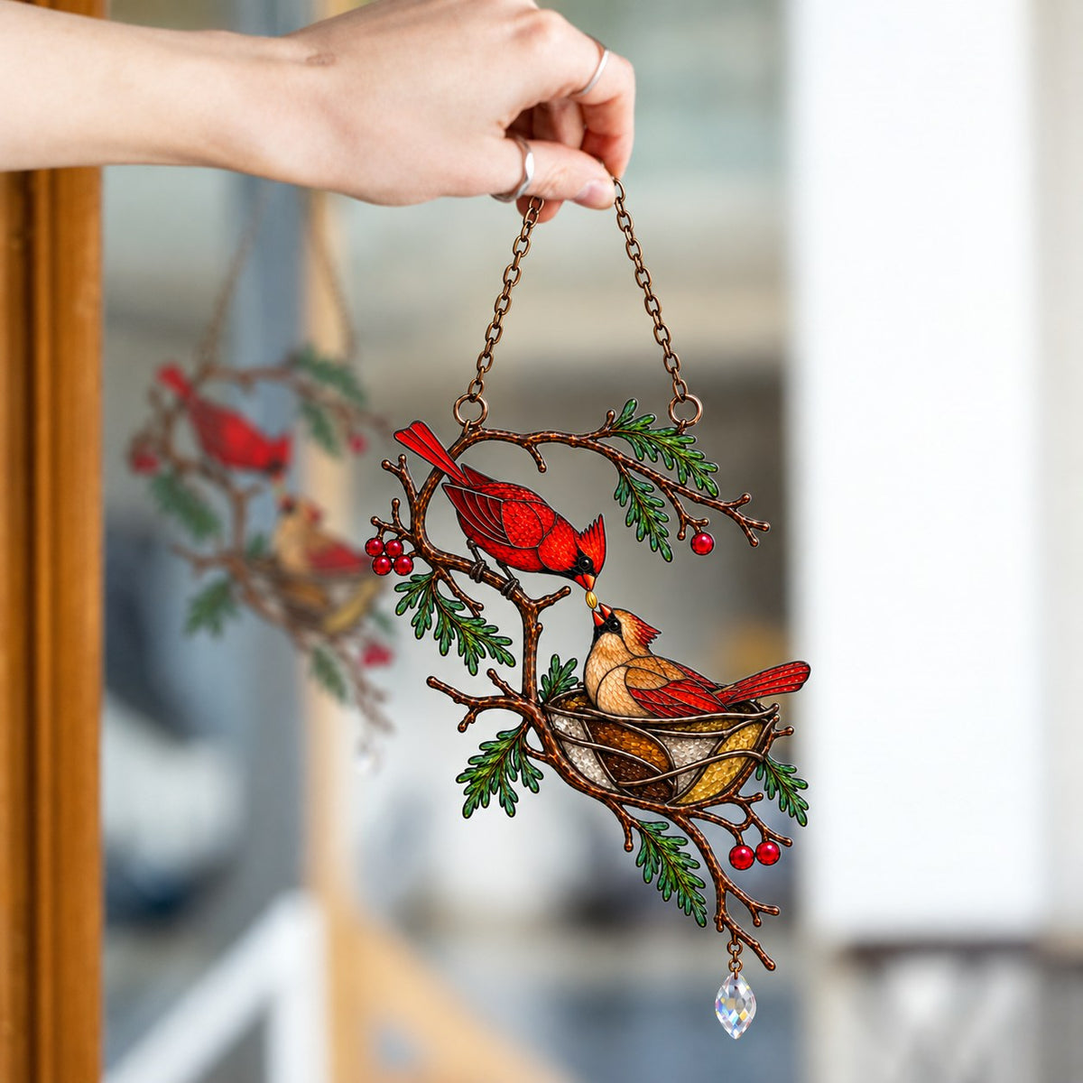 Cardinal Pair & Nest on Winter Branch Holographic Acrylic Suncatcher