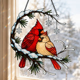 Cardinal Pair Snowy Crescent Branch Holographic Acrylic Suncatcher
