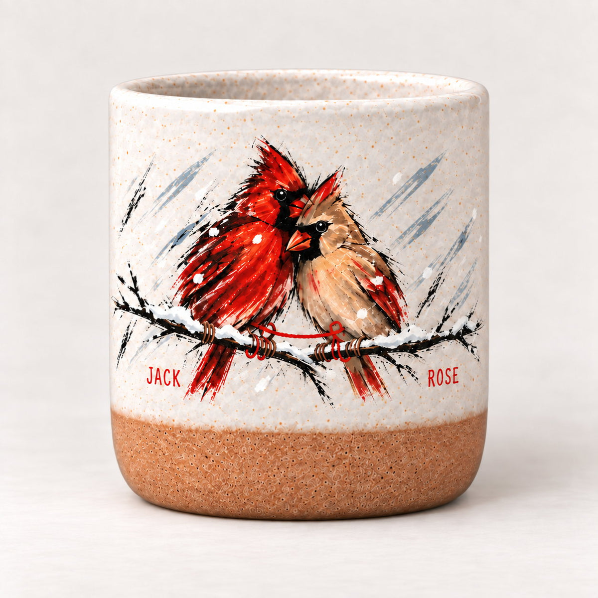 Personalized Cardinal Pair Snowy Branch Pottery Mug — The Ones Who Stay