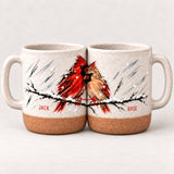 Personalized Cardinal Pair Snowy Branch Pottery Mug — The Ones Who Stay