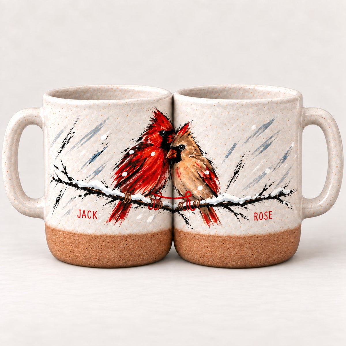 Personalized Cardinal Pair Snowy Branch Pottery Mug — The Ones Who Stay